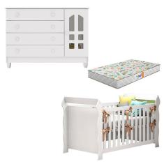 Berço Americano Lara Com Colchão Gazin E Cômoda Gran Selena Branco Brilho - Carolina