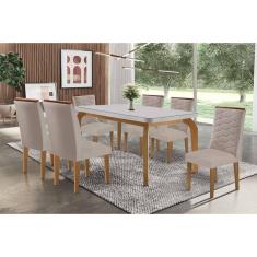 Mesa Cozinha Londrina c/ Tampo Madeirado c/ Vidro Canto Curvo 180x90cm e 6 Cadeiras Maldivas Naturale/Off White - Suede Capuccino-Rufato