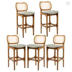 Kit 5 Banquetas Alta em Madeira Decor Encosto Rattan Estofada Linho Ve