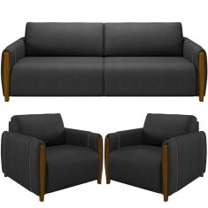 Kit Sofá 2 Lugares 168Cm Com 02 Poltronas Flora M03 Preto
