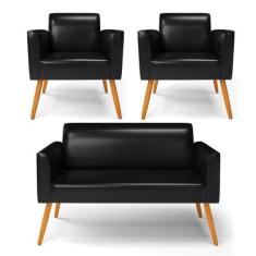 Sofá Namoradeira Com 2 Poltronas Pés Palito Castanho Marisa Corano Pre