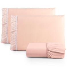 Jogo De Lençol Queen Suave Barrado Lese 3 Peças Barato - Salmão
