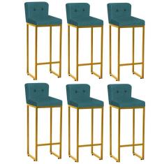 Kit 06 Banqueta Alta Ferro Dourado Botão Azul Turquesa