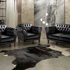 Conjunto Sofá Chesterfield 2 Lugares 2 Poltronas Dom Pedro Preto