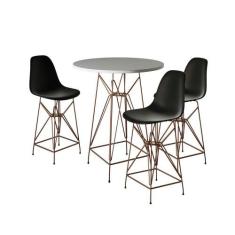 Jogo Mesa Bistrô Eames Branca 60Cm 3 Banquetas Preta Base Ferro Cobre 