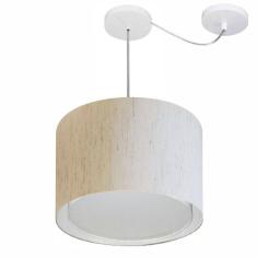 Lustre Pendente Cilíndrico Com Desvio Md-4306 Cúpula em Tecido 40x30cm Linho Bege - Bivolt
