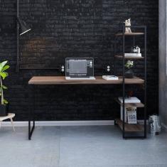 Escrivaninha com Estante Alta Estilo Industrial 150cm com 04 Prateleiras Dynamica Yescasa Nogal / Preto