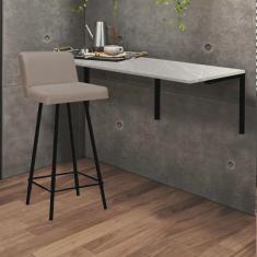 Kit Mesa Suspensa de Parede Fixa mdf Marmorizado + 1 Banqueta Lexi Ferro Preto Sintético Bege - Ahazzo Móveis