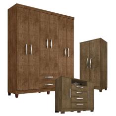 Guarda Roupa Casal Modena 6 Portas de Bater 2 Gavetas MDP Malbec com Cômoda Madri e Armário Recife