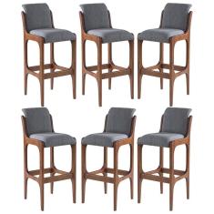 Kit 6 Banquetas Alta Irlanda 45 x 101 Cm Madeira Maciça Imbuia Linho Cinza L55 - RMI