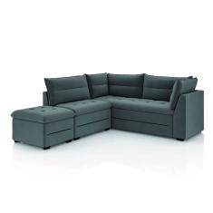 Sofá de Canto com Puff Monte do Seu Jeito Benfica Veludo Luizzi Cinza