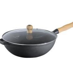 Panela Frigideira Wok em Ferro Fundido com Tampa Vidro 28Cm