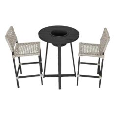 Conjunto Bistrô Champanheira Tampo Ripado E 2 Banquetas França Corda Náutica Areia - Cor: Bege