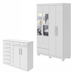 Conjunto De Guarda-roupa 4 Portas 2 Gavetas Zeus Com Espelho E Com Pés E Cômoda Toronto Branco