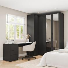 Guarda Roupa Modulado de Canto 3 Peças 4 Portas com 2 Portas Reflecta e Escrivaninha Hera CabeCasa MadeiraMadeira Preto