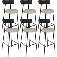Kit 06 Banquetas Alta Bar Cozinha Sala De Jantar Milão L02 Couríssimo Preto Linho Bege - Lyam Decor