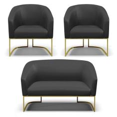 Sofá Namoradeira E 2 Poltronas Base Industrial Dourado Stella Corino D03 - D`rossi Cor Preto