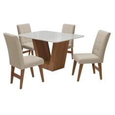 Conjunto Mesa de Jantar Safira com 04 Cadeiras Agata 135cm Cedro/Branco Off/Bege - Amarena Móveis