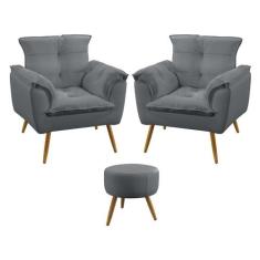 Kit 2 Poltronas Decorativas Beta e Puff Solar Sued Cinza Aradecor, Cin