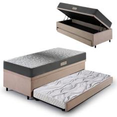 Bicama Box Baú Solteiro Com Colchão Dual Firm Ecoflex Suede Bege 88x18