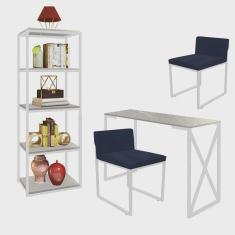 Kit Escritório Bex 2 Cadeiras Suede Azul Marinho com 1 Mesa e 1 Livreiro Ferro Branco mdf Marmorizado Cinza - Ahazzo Móveis