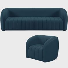 Kit Sofá 5 Lugares Para Sala 332cm com 01 Poltrona Lazio M03 Veludo Azul - Lyam Decor