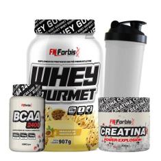 Kit Whey Protein Gourmet + Creatina 300g + BCAA 100 cáps + Coqueteleir