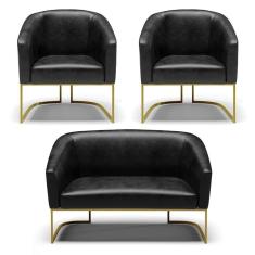 Sofá Namoradeira E 2 Poltronas Base Industrial Dourado Stella Corano Preto D03 - D'rossi