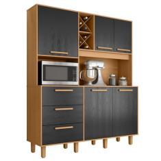 Armário de Cozinha Completa Com Adega 7 Portas 3 Gavetas 2,07m Ajax Nature / Preto Zanzini