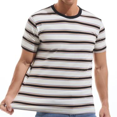 Imagem de VEIISAR Camiseta masculina listrada gola redonda macia algodão elástico, 31260 branco preto cáqui, P