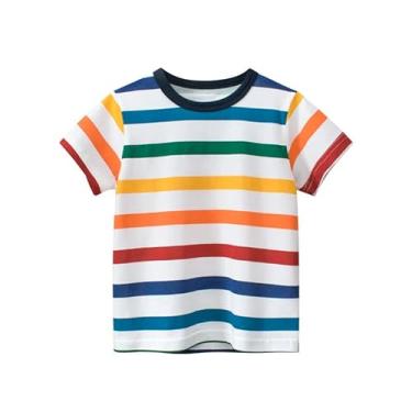 Imagem de Yueary Camiseta masculina básica listrada arco-íris gola redonda manga curta cor contrastante verão casual, Multicolorido, 130/5-6 Y