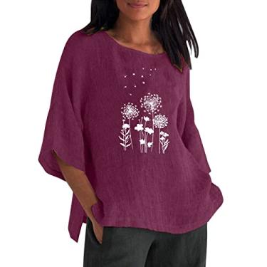 Imagem de Lainuyoah Blusas soltas da moda para mulheres 2024 blusa moderna estampada meia manga casual de linho pulôver camisetas modernas divididas, H - roxo, G