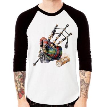 Imagem de Camiseta Raglan Gaita de Foles Manga 3/4 - Foca na Moda, Branco, Preto