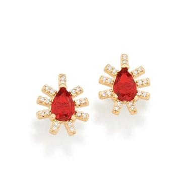 Imagem de Brinco Rommanel Gota Cristal Folheado Ouro 526615, Vermelho