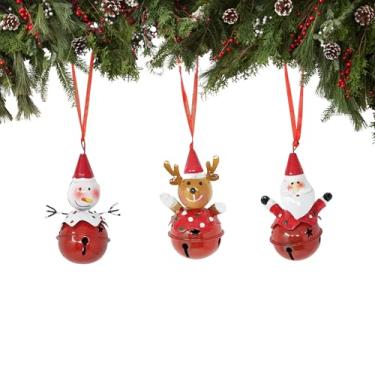 Imagem de Enfeites de Natal de 3 peças – Estatuetas de sino de Papai Noel, boneco de neve e rena estilo vintage, decorações de Natal pintadas à mão para árvore de Natal, guirlanda, decoração de casa