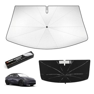 Imagem de Veenjoy Guarda-sol de para-brisa para Tesla Model Y 2020-2025 Juniper, bloqueio de calor mantém o carro fresco, proteção UV Para-brisa, escudo de chuva de emergência e protetor de painel - Prata ICY