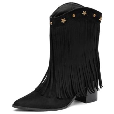 Imagem de NEWBELLA Botas femininas caubói ocidentais – Botas retrô de borla, salto grosso, para festival de música country e moda de outono, Preto, 37