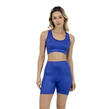 Imagem de Conjunto Top Nadador + Shorts Cintura Cirrê Anti-transparência Fitness Academia (G, Azul)