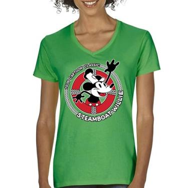 Imagem de Camiseta feminina Steamboat Willie Life Preserver gola V engraçada clássica desenho animado praia Vibe Mouse in a Lifebuoy Silly Retro Tee, Verde, GG
