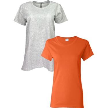 Imagem de Gildan Camiseta feminina de algodão pesado, estilo G5000L, pacote com 2, Cinza/laranja, M