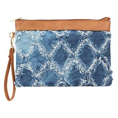 Imagem de ZLM BAG US Bolsa feminina jeans envelhecida para noite bolsa de mão de couro PU bolsa clutch padrão losango bolsa de pulso, Azul, One Size