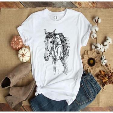 Imagem de T Shirt Camiseta Feminina Branca Mulher Com Cavalo - loja dinka, G