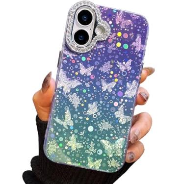 Imagem de I-MGAE-IN-AR Capa compacta para iPhone 16 com design de borboleta, moldura de proteção de lente de câmera de diamante 3D, capa protetora de TPU macia e macia à prova de choque para mulheres e meninas