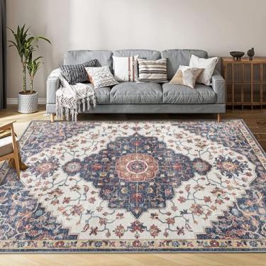Imagem de Garvee Tapete de área lavável à máquina de 2,8 x 3,5 m, antiderrapante, antiqueda, vintage, para sala de estar, tapete com estampa floral, medalhão oriental de pelo baixo, tapete macio dobrável para
