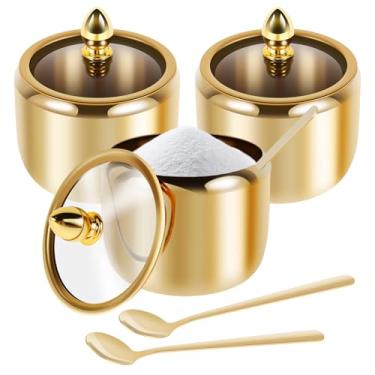 Imagem de Açucareiro com tampa e colher, açucareiro dourado de 293 ml para acessórios de estação de café, sal-pimenta, temperos, tigela com colher e tampa, recipiente de tempero para café, cozinha, casa