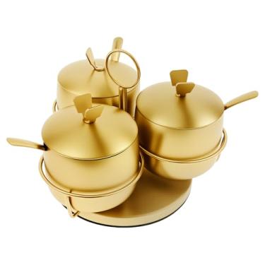 Imagem de 3 peças de açucareiro de aço inoxidável, recipiente de açúcar dourado de 241 g com tampa e colher, caixa de temperos para acessórios de cozinha, pote de condimentos multifuncional para especiarias
