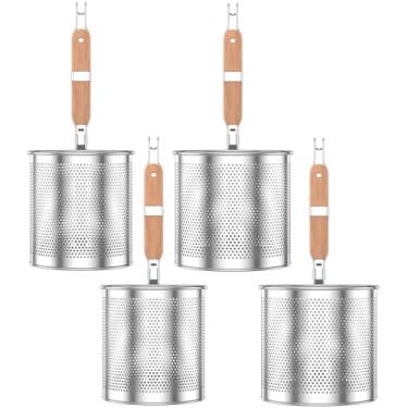 Imagem de 4 cestos de espaguete, cesta de macarrão de malha de aço com cabo de madeira, cesta de macarrão prática multifuncional para coador de macarrão para ferver, coar e fritar