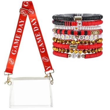 Imagem de Tondiamo 2 peças bolsa transversal transparente para dia de jogo e pulseira elástica empilhável com contas Heishi para roupa de evento de estádio de futebol, Vermelho, Dia de jogo