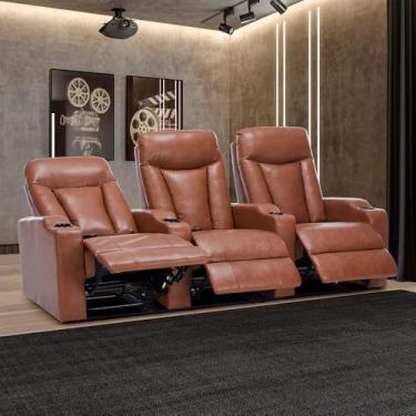 Imagem de Poltrona 3 Lugares Sala de Estar e Cinema Vancouver Elétrica Reclinável Porta Copos Entrada USB/USB-C PU Caramelo G94 - Laura Lar