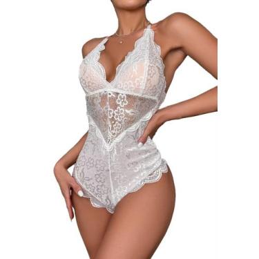 Imagem de Camisola de renda branca com forceil de lingerie de uma peça para mulh